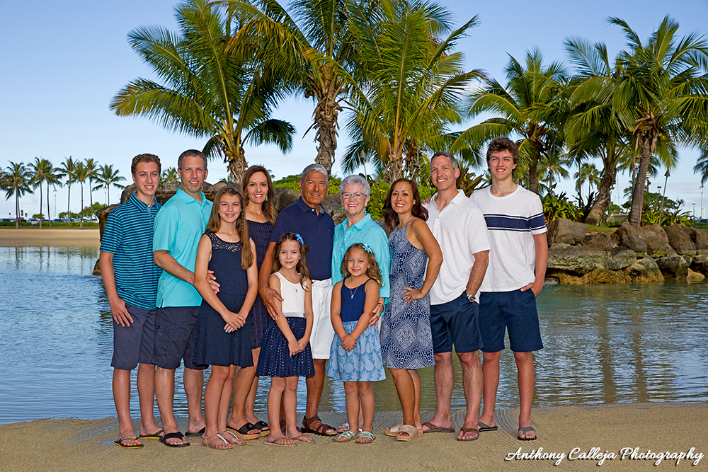 Clothing Ideas - Family Portrait - Family of eleven wearing blue, near the Lagoon near the Hilton Hawaiian Village, Honolulu, Oahu, Hawaii