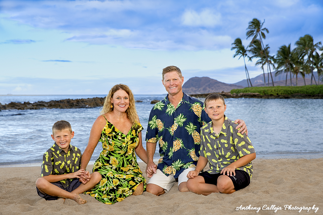 Sunset Family Portrait at Paradise Cove Beach - KoOlina Resort, Oahu Hawaii