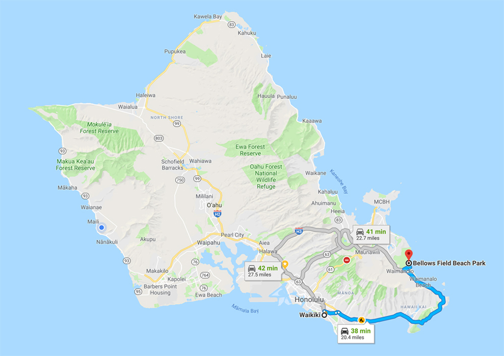 Map From Waikiki To Bellows Beach