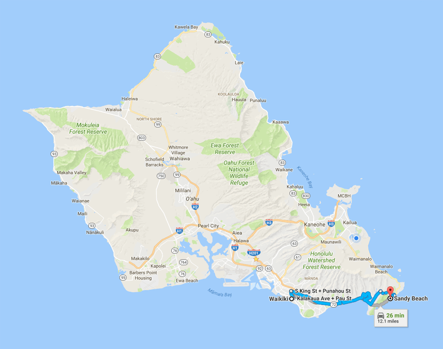 Map of Oahu. Directions From Waikiki To Sandy Beach