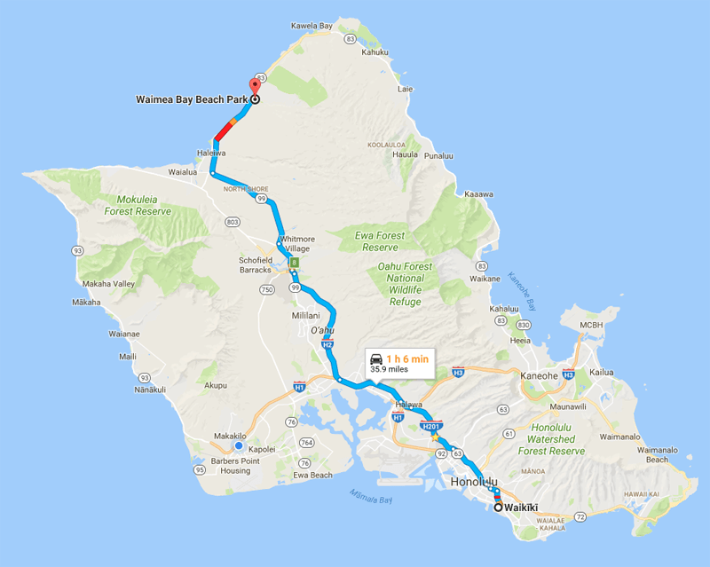 Map of Oahu. Directions from Waikiki to Waimea Bay Beach