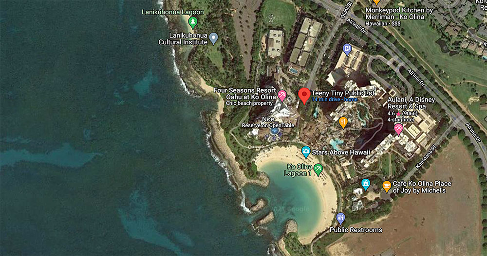 Map of KoOlina, Lagoon 1, & Tiniy Tiny Parking Lot between Four Seasons Resort & Aulani Disney Resort