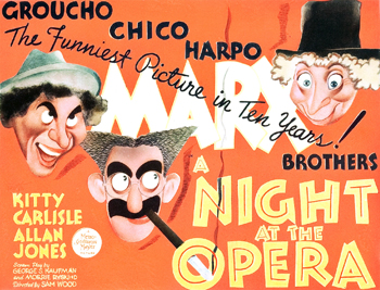 A Night at the Opera: The Marx Brothers run amuck in the world of opera when Otis B. Driftwood (Groucho Marx) meets aspiring singer Ricardo (Allan Jones), who is determined to win the love of fellow performer Rosa (Kitty Carlisle). Aided by Fiorello (Chico Marx) and Tomasso (Harpo Marx), Otis attempts to unite the young couple, but faces opposition from the preening star Lassparri (Walter Woolf King), who also has his sights on Rosa. Traveling from Italy to New York, Otis and friends rally to try and win the day.