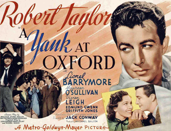 A Yank at Oxford: Lee Sheridan (Robert Taylor) is a brash young American aristocrat attending Oxford University. His iconoclastic stance doesn't earn him many friends, and he is frequently hazed. Still, when he meets Molly Beaumont (Maureen O'Sullivan), the sister of Sheridan's main antagonist, Paul Beaumont (Griffith Jones), Lee is smitten. When Paul's academic record is called into question, the opportunistic Sheridan has the chance to help him and win the heart of his young love. 1938