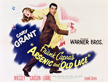Arsenic and Old Lace: Writer and notorious marriage detractor Mortimer Brewster (Cary Grant) falls for girl-next-door Elaine Harper (Priscilla Lane), and they tie the knot on Halloween. When the newlyweds return to their respective family homes to deliver the news, Brewster finds a corpse hidden in a window seat. With his eccentric aunts (Josephine Hull, Jean Adair), disturbed uncle (John Alexander), and homicidal brother (Raymond Massey), he starts to realize that his family is even crazier than he thought. 1944