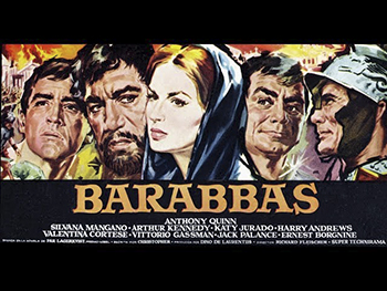Barabbas: Epic biblical tale about the criminal who was released by Pontius Pilate in preference to Jesus, prior to the Crucifixion. The action follows Barabbas after his lucky escape, his return to crime and his subsequent recapture and imprisonment in the sulphur mines. Based on the novel by Swedish writer Par Lagerkvist. 1961