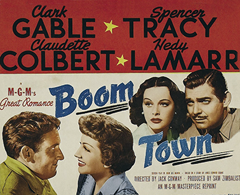 Boom Town: Two rogue Texas oil men, Big John McMasters (Clark Gable) and Square John Sand (Spencer Tracy), drill oil wells in fields where there is no known oil. These wildcatters team up with a local drilling equipment owner, Luther Aldrich (Frank Morgan), and strike it rich -- but the ups and downs of the oil business, the whims of South American politics, and the love of Elizabeth Betsy Bartlett (Claudette Colbert) threaten to tear the two friends apart. 1940