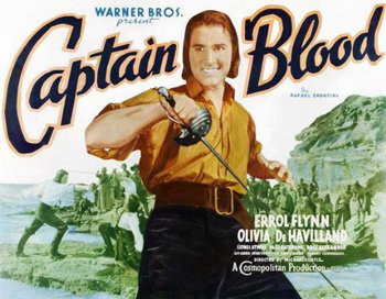 Captain Blood: In England in the 1600s, Dr. Peter Blood (Errol Flynn) treats the wounds of a man who had been injured in a rebellion against King James II, for which he is convicted of treason and sold into slavery in the Caribbean colony of Port Royal, Jamaica. Despite the kindness of his new owner, Arabella Bishop (Olivia de Havilland), Blood and his fellow slaves escape to begin a life of high-seas piracy. But when Captain Blood crosses paths with Arabella again years later, he remembers her compassion. 1935