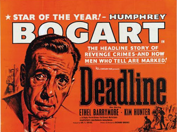 Deadline – U.S.A.: New York City newspaper "The Day" is in trouble. Even though editor Ed Hutcheson (Humphrey Bogart) has worked hard running the paper, its circulation has been steadily declining. Now the widow (Ethel Barrymore) of the paper's publisher wants to sell the paper, which will most likely mean its end. Hutcheson also worries that his estranged ex-wife is about to remarry. His only hope of saving the paper is to finish his exposé on a dangerous gangster (Martin Gabel) before the sale is made final. 1952