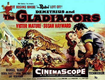 Demetrius and the Gladiators: In this sequel to The Robe, the corrupt emperor Caligula (Jay Robinson) believes that the sacred robe of Christ has magical powers, and will stop at nothing to obtain it. When Demetrius (Victor Mature) refuses to help Caligula find the holy object, Caligula has him arrested and forces him to fight in the arena in battles to the death. As Demetrius faces trial after trial, his faith in Christ is pushed to its limits, as he sees no point in the endless suffering he is forced to endure. (1954)