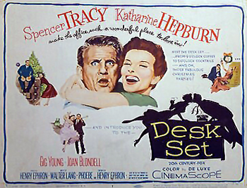 Desk Set: Bunny Watson (Katharine Hepburn) is a library reference clerk stuck in a dead-end relationship with a boring television executive (Gig Young). Her life is thrown into turmoil when computer expert Richard Summers (Spencer Tracy) enters it. He has been assigned to automate her department, and she is fearful that Summers' new computers will automate her out of a job. She despises him at first, but eventually each of the two starts to fall for the other's charms and strong personalities. 1957