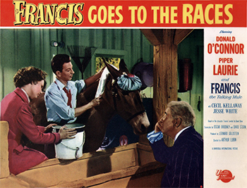 Francis Goes to the Races: The talking mule turns tout to help his master (Donald O'Connor) save a horse breeder's (Cecil Kellaway) ranch from racketeers. (1951) 