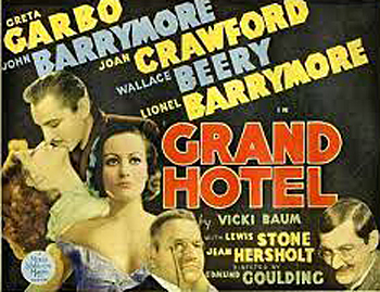 Grand Hotel: At a luxurious Berlin hotel between the wars, the once-wealthy Baron Felix von Gaigern (John Barrymore) supports himself as a thief and gambler. In this lavish adaptation of the successful Broadway play, the baron romances one of his marks, the aging ballerina Grusinskaya (Greta Garbo), and teams with dying accountant Otto Kringelein (Lionel Barrymore) against his former boss, crooked industrialist Preysing (Wallace Beery), and his ambitious stenographer, Flaemmchen (Joan Crawford). 1932