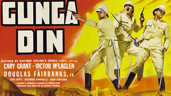 Gunga Din: British army sergeants Ballantine (Douglas Fairbanks Jr.), Cutter (Cary Grant) and MacChesney (Victor McLaglen) serve in India during the 1880s, along with their native water-bearer, Gunga Din (Sam Jaffe). While completing a dangerous telegraph-repair mission, they unearth evidence of the suppressed Thuggee cult. When Gunga Din tells the sergeants about a secret temple made of gold, the fortune-hunting Cutter is captured by the Thuggees, and it's up to his friends to rescue him. 1939