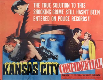Kansas City Confidential: A mysterious fellow (Preston Foster) contacts a trio of criminals (Jack Elam, Neville Brand, Lee Van Cleef) to help with a bank heist. The four wear masks and remain strangers to each other, planning to reunite in Mexico to divvy up the loot. Joe Rolfe (John Payne), the man they framed to take the heat, gets his charges dropped, and the police offer him a reward if he can help recover the cash. He agrees, and when one of the thieves meets his end, Rolfe assumes his identity to catch the crooks.