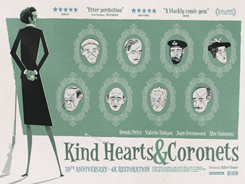 Kind Hearts and Coronets: When his mother eloped with an Italian opera singer, Louis Mazzini (Dennis Price) was cut off from her aristocratic family. After the family refuses to let her be buried in the family mausoleum, Louis avenges his mother's death by attempting to murder every family member (all played by Alec Guinness) who stands between himself and the family fortune. But when he finds himself torn between his longtime love (Joan Greenwood) and the widow of one of his victims (Valerie Hobson), his plans go awry. 1949