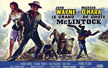 McLintock: Aging rancher George Washington McLintock (John Wayne), a wealthy self-made man, is forced to deal with numerous personal and professional problems. Seemingly everyone wants a piece of his enormous farmstead, including high-ranking government men, McLintock's own sons and nearby Native Americans. As McLintock tries to juggle his various adversaries, his wife, who left him two years previously, suddenly returns. But she isn't interested in her husband -- she wants custody of their daughter. 1963