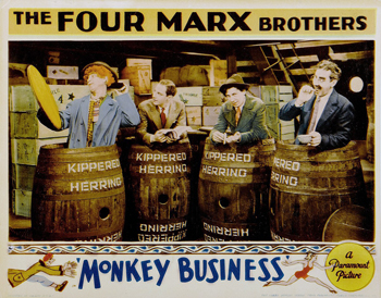Monkey Business: The four Marx Brothers star in their first film written specifically for the screen as stowaways on an ocean liner bound for New York. Each of them has a separate adventure on board; from matinee idol Zeppo's romancing of a bootlegger's daughter to Groucho having to avoid the attentions of gangster's moll Lucille Briggs. 1931