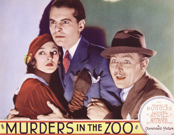 Murders in the Zoo: Dr. Gorman (Lionel Atwill) is a millionaire adventurer, traveling the world in search of dangerous game. His bored, beautiful, much younger wife (Kathleen Burke) entertains herself in the arms of other men. In turn, Gorman uses his animals to kill these men. When a New York City zoo suggests a fundraising gala, Gorman sees a prime opportunity to dispatch the dashing Roger (John Lodge) and anyone else who might cross him. Can a reptile expert (Randolph Scott) stop the doctor's murderous ways? 1933