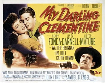 My Darling Clementine: In the middle of a long cattle drive, Wyatt Earp (Henry Fonda) and his brothers stop off for a night in the town of Tombstone. The next morning they find their cattle stolen, and one of the brothers is dead. Earp suspects the Clanton family, owners of the O.K. Corral, but wants his revenge to be legal. He becomes sheriff of Tombstone and forges a rough peace with an alcoholic gambler, Doc Holiday (Victor Mature). Earp also takes a liking to Holiday's former girlfriend, Clementine (Cathy Downs). 1946
