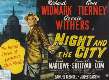 Night and the City: Londoner Harry Fabian (Richard Widmark) is a second-rate con man looking for an angle. After years of putting up with Harry's schemes, his girlfriend, Mary (Gene Tierney), becomes fed up when he taps her for yet another loan. His latest ploy, promoting an aging Greek wrestler, goes awry when the wrestler dies and everyone points the finger at Harry. Hiding out in a riverfront barge, Harry sees his grand ambitions spiral into a nightmare of fear and desperation as the underworld closes in.