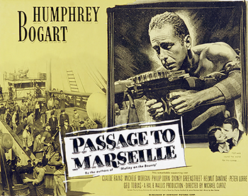 Passage to Marseille: During World War II, a French ship finds five men drifting in a small boat. Once aboard, the men tell the ship's captain, Patain Malo (Victor Francen), that they are convicts who escaped prison, led by Jean Matrac (Humphrey Bogart), to fight in the war. As the ship nears its destination in Marseille, France surrenders to Germany, but Malo decides to hide the prisoners. When traitorous Major Duval (Sydney Greenstreet) tries to overtake the ship, Matrac and the others work to defeat him. 1944
