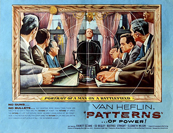 Patterns: Businessman Fred Staples (Van Heflin) is plunged into the rough-and-tumble of office politics at his new job when he discovers that he is meant to replace the decent but ailing vice president, Bill Briggs (Ed Begley). A battle of wills ensues between Fred and the ruthless company president, Mr. Ramsey (Everett Sloane), who is intent on humiliating Bill into resigning. Despite the urgings of his pragmatic wife, Nancy, Fred resists losing his soul to the cold calculations of naked ambition. 1956