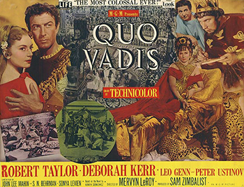 Quo Vadis: Returning from a military campaign abroad, General Marcus Vinicius (Robert Taylor) discovers that a new religion has taken hold in Rome: Christianity. When Vinicius encounters Lygia (Deborah Kerr), a follower of the strange religion, he quickly becomes smitten and tries to win her affections. Lygia is reluctant due to their differing beliefs. Complicating matters is the crazed Emperor Nero (Peter Ustinov), who blames the Christians for his own burning of Rome, beginning a wave of persecution. 1951