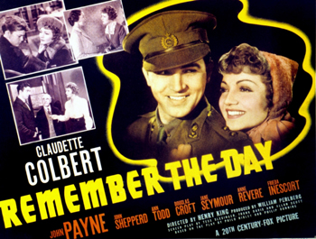 Remember the Day: Presidential candidate Dewey Roberts (John Sheppard) is about to address his supporters at a banquet in Washington, D.C. In the audience, Roberts' childhood teacher, Nora Trinell (Claudette Colbert), is waiting to greet him and is reminiscing about her years educating the impressionable young Roberts. Nora reflects back on her marriage to fellow teacher Dan Hopkins (John Payne) and to his ill-fated decision to fight for the Canadian army in World War I.