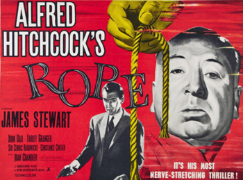 Rope: Just before hosting a dinner party, Philip Morgan (Farley Granger) and Brandon Shaw (John Dall) strangle a mutual friend to death with a piece of rope, purely as a Nietzsche-inspired philosophical exercise. Hiding the body in a chest upon which they then arrange a buffet dinner, the pair welcome their guests, including the victim's oblivious fiancée (Joan Chandler) and the college professor (James Stewart) whose lectures inadvertently inspired the killing.