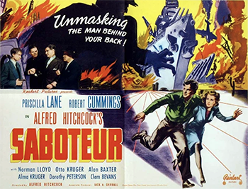 Saboteur: Factory worker Barry Kane (Robert Cummings) is wrongfully accused of setting a deadly fire at an airplane plant in an apparent act of sabotage. Kane believes that the fire was set by another worker (Norman Lloyd), and he travels across the country to find the mysterious saboteur. Along the way he is forced to take Patricia Martin (Priscilla Lane) hostage, but as he begins to earn her trust, she turns from an unwilling captive to a willing accomplice in his quest to help clear his name.[1942]
