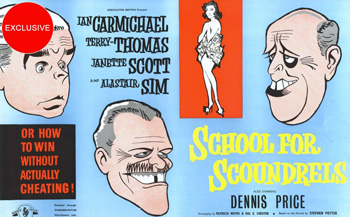 School For Scoundrels: Kind-hearted but weak-willed Henry Palfrey is cheated and abused by car salesmen, a head waiter, an upper-class cad, and his employees. When charming April Smith is stolen away from him, Henry takes drastic action and enrolls in the College of Lifemanship, run by Mr Potter, where he can learn to beat others in life. 1960