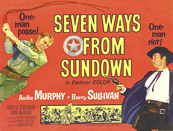 Seven Ways From Sundown: Assigned to capture the charming but deadly outlaw Jim Flood (Barry Sullivan), inexperienced Texas Ranger "Seven Ways From Sundown" Jones (Audie Murphy) and his veteran partner, Sgt. Henessey (John McIntire), set out to bring down the wanted man. After finding his trail, Jones and Henessey are caught in an ambush set by Flood. Henessey is killed in the action, but Jones continues the mission. When he finally apprehends Flood, Jones doesn't expect to become friends with the criminal. 1960