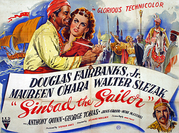 Sinbad, the Sailor: Daredevil sailor Sinbad (Douglas Fairbanks Jr.) embarks on a voyage across the Seven Seas to find the lost riches of Alexander the Great. His first stop is the port of Basra, where his ship is seized and scheduled for auction. In his attempt to win it back, he befriends beautiful concubine Shireen (Maureen O'Hara). But when her master, the nefarious Emir (Anthony Quinn), calls her back to duty, Sinbad must interrupt his adventure to save the "Jewel of Persia." (1947) 