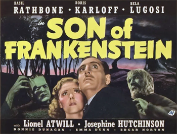 Son of Frankenstein: Baron Wolf von Frankenstein (Basil Rathbone) is determined to prove the legitimacy of his father's scientific work, thus rescuing the family name from disgrace. With the help of Ygor (Bela Lugosi), a grave robber, Wolf successfully reanimates the monster (Boris Karloff) his father originally brought back from the dead. But when several villagers are killed mysteriously, Wolf must find the culprit in order to vindicate his creation, or face the possibility that he may be responsible. 1939