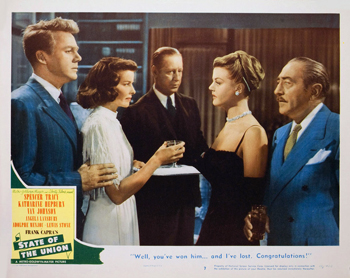 State of the Union: Aircraft tycoon Grant Matthews (Spencer Tracy) is goaded into running for president by his politically ambitious longtime girlfriend, newspaper publisher Kay Thorndyke (Angela Lansbury). At the suggestion of unscrupulous campaign manager Spike McManus (Van Johnson), Matthews reunites with his long-estranged wife, Mary (Katharine Hepburn), for the sake of appearances. But when the idealistic Mary learns of Kay's behind-the-scenes role, it throws the entire campaign into turmoil. 1948