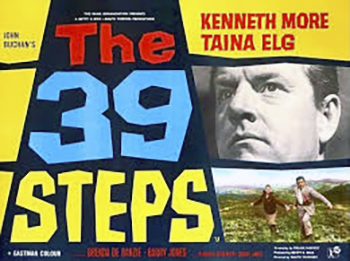 The 39 Steps: Richard Hannay (Kenneth More) arrives in London and saves a nanny from a hit-and-run driver before discovering that she's actually a spy trying to stop the theft of military secrets. After the woman is killed, Hannay goes to Scotland in an attempt to stop the plot's leader himself. Along the way he has several narrow escapes, dodging both the police and assassins, as well as getting handcuffed to a girls school instructor (Taina Elg) who doesn't believe his wild tale. 1959