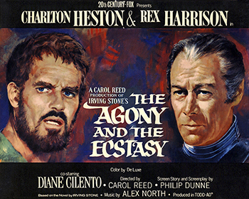 The Agony and the Ecstasy: During the Italian Renaissance, Pope Julius II (Rex Harrison) contracts the influential artist Michelangelo (Charlton Heston) to sculpt 40 statues for his tomb. When the pope changes his mind and asks the sculptor to paint a mural in the Sistine Chapel, Michelangelo doubts his painting skills and abandons the project. Divine inspiration returns Michelangelo to the mural, but his artistic vision clashes with the pope's demanding personality and threatens the success of the historic painting. 1965