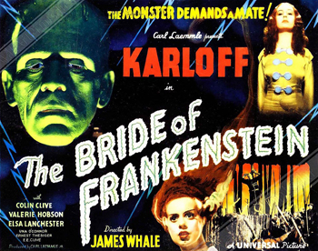 Bride of Frankenstein: After recovering from injuries sustained in the mob attack upon himself and his creation, Dr. Frankenstein (Colin Clive) falls under the control of his former mentor, Dr. Pretorius (Ernest Thesiger), who insists the now-chastened doctor resume his experiments in creating new life. Meanwhile, the Monster (Boris Karloff) remains on the run from those who wish to destroy him without understanding that his intentions are generally good despite his lack of socialization and self-control. 1935