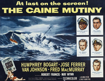 The Caine Mutiny: During World War II, a dilapidated vessel, the Caine, gets a new ensign, Willis Keith (Robert Francis), and a new captain, Commander Queeg (Humphrey Bogart). The crew sees Queeg's unconventional behavior as irrational, and communications officer Thomas Keefer (Fred MacMurray) spreads suspicion about his suitability as captain. When a dire situation during a storm forces the executive officer (Van Johnson) to relieve Queeg of his duties, he and Ensign Keith are tried for mutiny. 1954