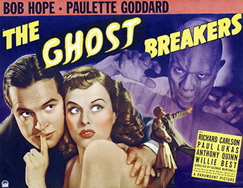 The Ghost Breakers: After intrepid working girl Mary Carter (Paulette Goddard) becomes the new owner of a reputedly haunted mansion located on Black Island near the Cuban coast, a stranger (Anthony Quinn) phones to warn her to stay away from the castle. Undaunted, Mary sets sail for Cuba with a stowaway in her trunk -- wise-cracking Larry Lawrence (Bob Hope), a radio announcer who helps Mary get to the bottom of the voodoo magic, zombies and ghosts that supposedly curse the spooky estate. (1940)