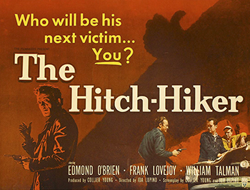 The Hitch-Hiker: P Ray (Edmond O'Brien) and Gilbert's (Frank Lovejoy) fishing trip takes a terrifying turn when the hitchhiker (William Talman) they pick up turns out to be a sociopath on the run from the law. He's killed before, and he lets the two know that as soon as they're no longer useful, he'll kill again. The two friends plot an escape, but the hitchhiker's peculiar physical affliction, an eye that never closes even when he sleeps, make it impossible for them to tell when they can make a break for it. 1953