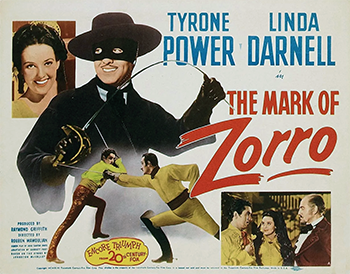 The Mark of Zorro: Tired of Governor Quintero's (J. Edward Bromberg) exploitation of poor Californians, Don Diego (Tyrone Power) decides to fight back and assumes the identity of Zorro. A masked hero with a sword, Zorro fights on behalf of the people against the corrupt Quintero and his wicked assistant, Captain Pasquale (Basil Rathbone). At the same time, Diego falls for Lolita (Linda Darnell), the governor's niece, and he pursues her while constantly battling to oust Quintero from power. (1940)
