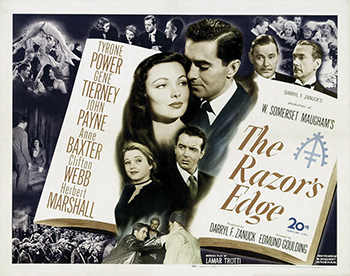 The Razor's Edge: An American fighter pilot, Larry Darrell (Tyrone Power), returns from World War I sickened by the violence and fighting he has witnessed. In search of meaning, he travels to Paris, where he tries to live modestly. However, this leads Larry's fiancée, the status-seeking Isabel Bradley (Gene Tierney), to break off the engagement. But Isabel returns to Larry's life when he becomes romantically involved with Sophie (Anne Baxter), a troubled alcoholic recovering from tragedy. 1946