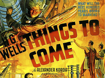 Things to Come:  It's Christmas 1940, and Everytown resident John Cabal (Raymond Massey) fears that war is imminent. When it breaks out, the war lasts 30 years, destroying the city and ushering in a new dark age of plagues and petty despots. But there is hope in the form of Wings Over the World, a group of pacifist scientists and thinkers lead by Cabal. Their dream is to build a utopian society on the ruins of the old. But first they'll have to unseat the latest ruling tyrant (Ralph Richardson).1936