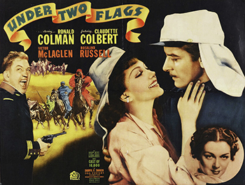 Under Two Flags: Sergeant Victor (Ronald Colman) joins the French Foreign Legion to escape his past. The Legion sends him to Africa and places him under the charge of the cruel Major Doyle. When the woman Doyle loves, performer Cigarette (Claudette Colbert), falls for Victor, the sergeant becomes Doyle's primary target. Ignoring the fact that Victor only has eyes for Lady Venetia (Rosalind Russell), a visiting patrician, Doyle sends him on a dangerous mission to get him out of the picture. 1936