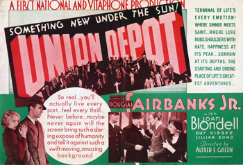 Union Depot: Hobos Charles "Chick" Miller (Douglas Fairbanks Jr.) and Scrap Iron Scratch (Guy Kibbee) arrive at the Union Depot train station and contemplate their next move. After finding a traveler's suit and wallet in the bathroom, Chick buys dinner for himself and a chorus girl, Ruth (Joan Blondell), who is on the run from the insane Dr. Bernardi (George Rosener). Meanwhile, Scrap Iron stumbles upon a violin case full of counterfeit currency, unaware that the bills are fake.
