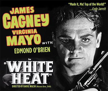 White Heat: Gang leader Cody Jarrett (James Cagney) lives for his mother, planning heists between horrible headaches. During a train robbery that goes wrong, Cody shoots an investigator. Realizing Cody will never be stopped if he knows he's being pursued, authorities plant undercover agent Hank (Edmond O'Brien) in Cody's cell. When his mother dies, a distraught Cody breaks out of jail, bringing Hank along to join his gang. With Hank in communication with the police, Cody plans a payroll heist. 1949